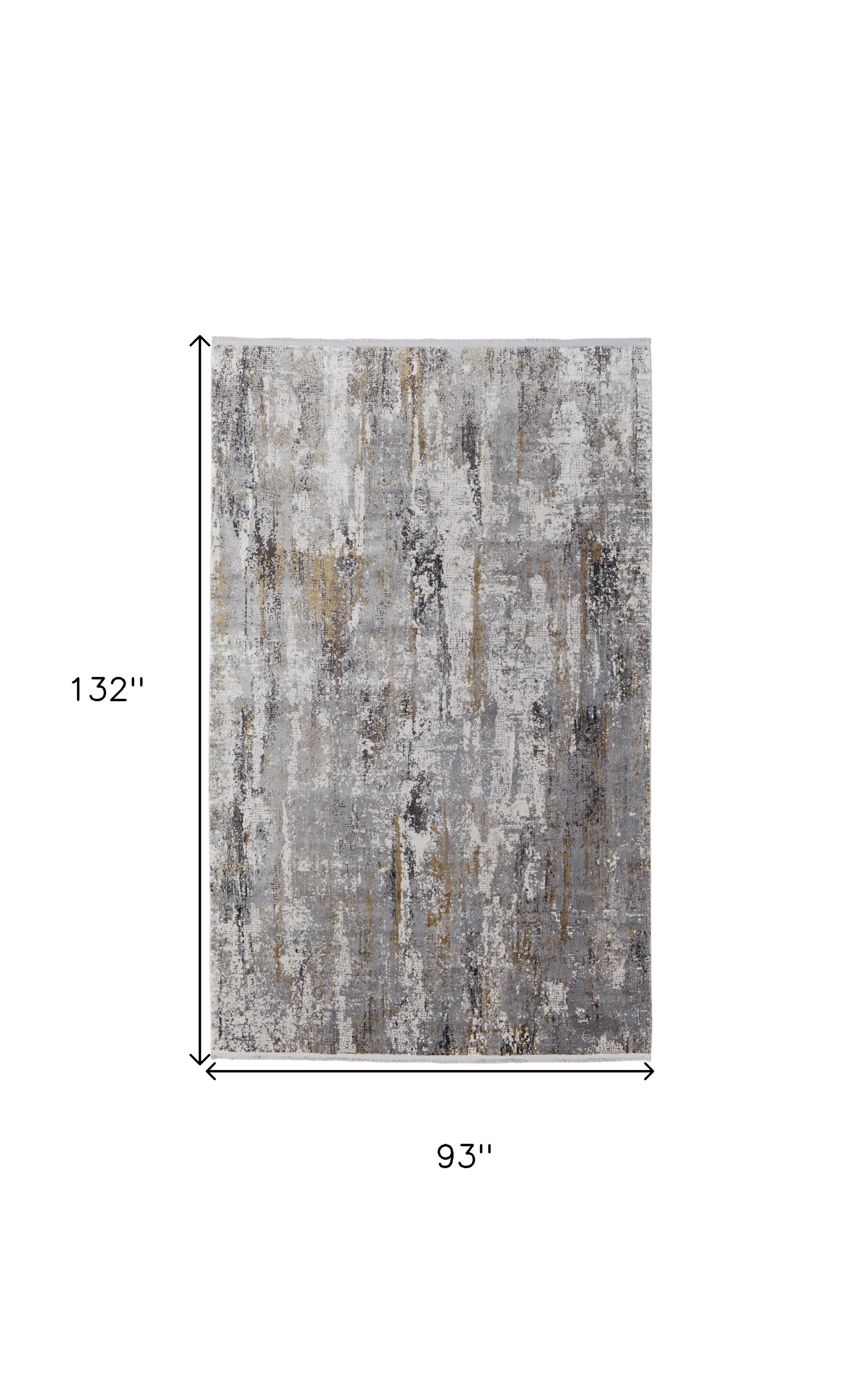 8" X 11" Gray Ivory and Gold Abstract Power Loom Area Rug With Fringe