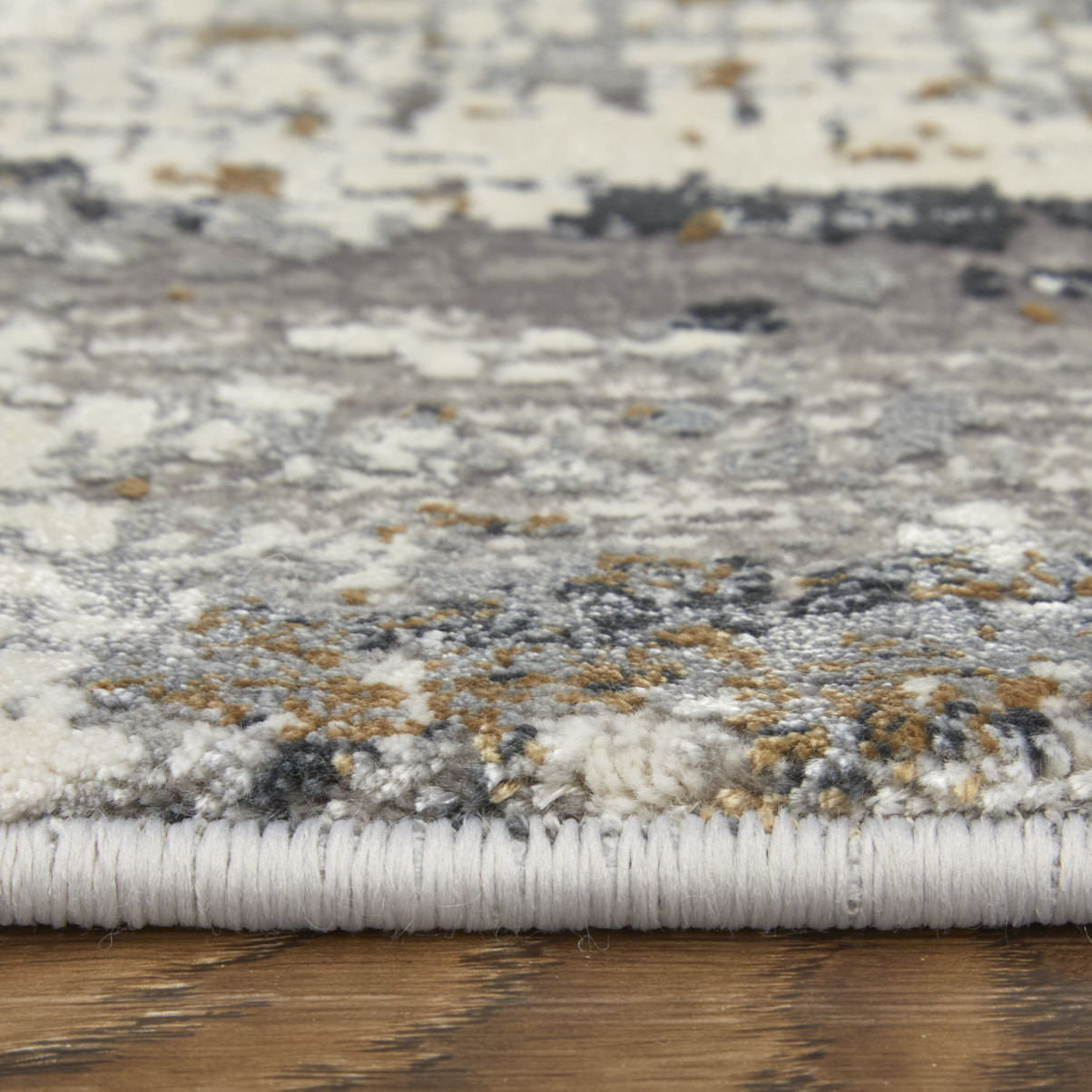 10" X 13" Gray Ivory and Gold Abstract Power Loom Area Rug With Fringe