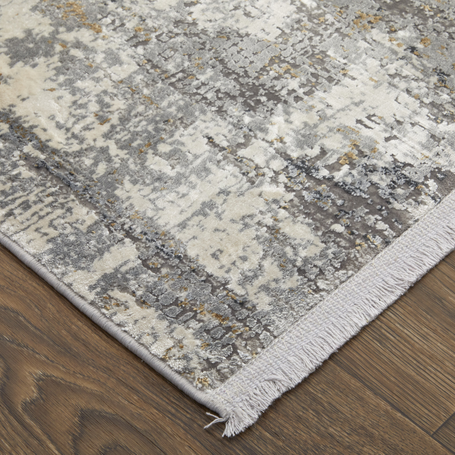 10" Gray Ivory and Gold Abstract Power Loom Runner Rug With Fringe