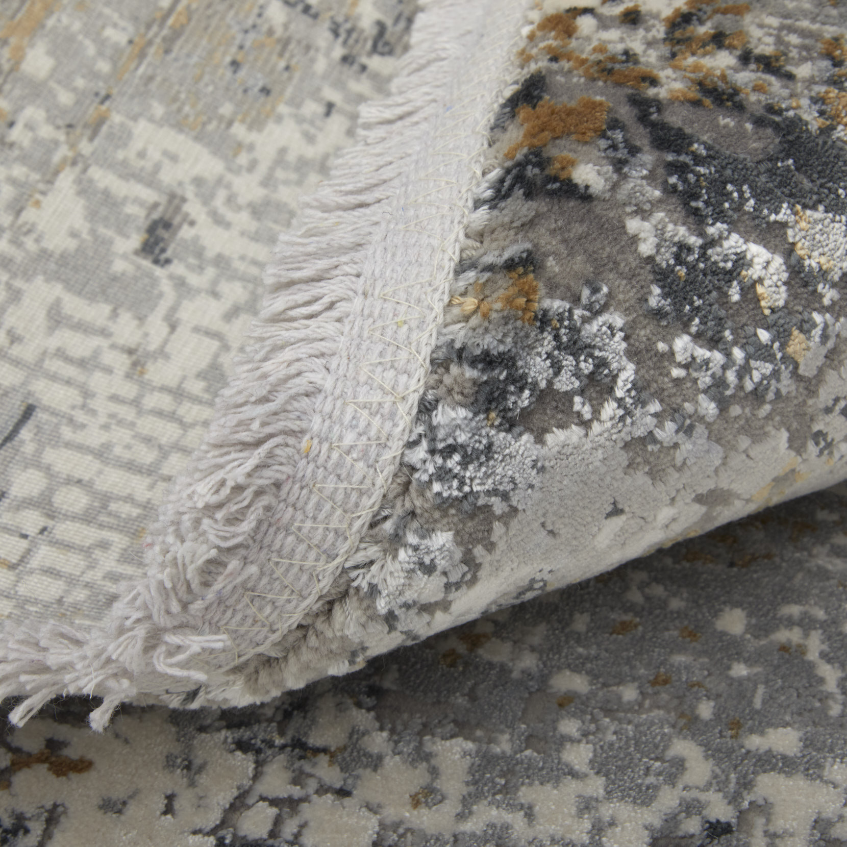 10" Gray Ivory and Gold Abstract Power Loom Runner Rug With Fringe