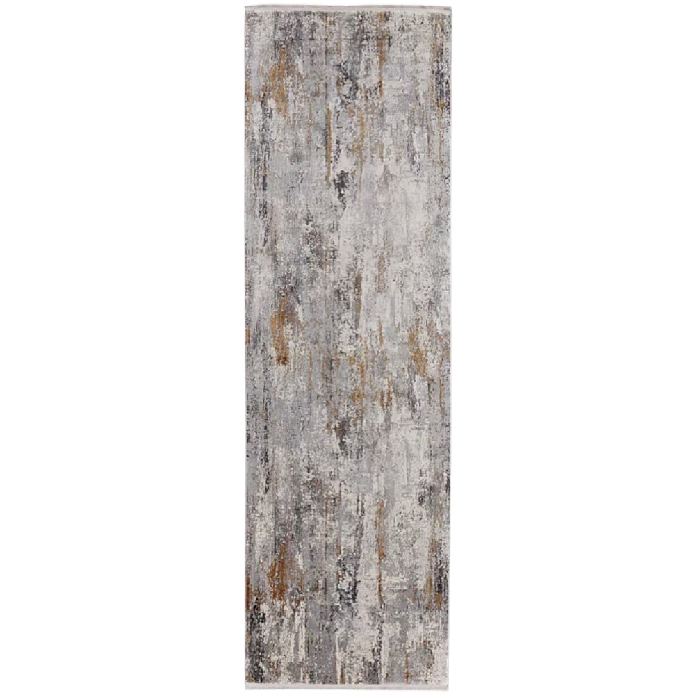 10" Gray Ivory and Gold Abstract Power Loom Runner Rug With Fringe