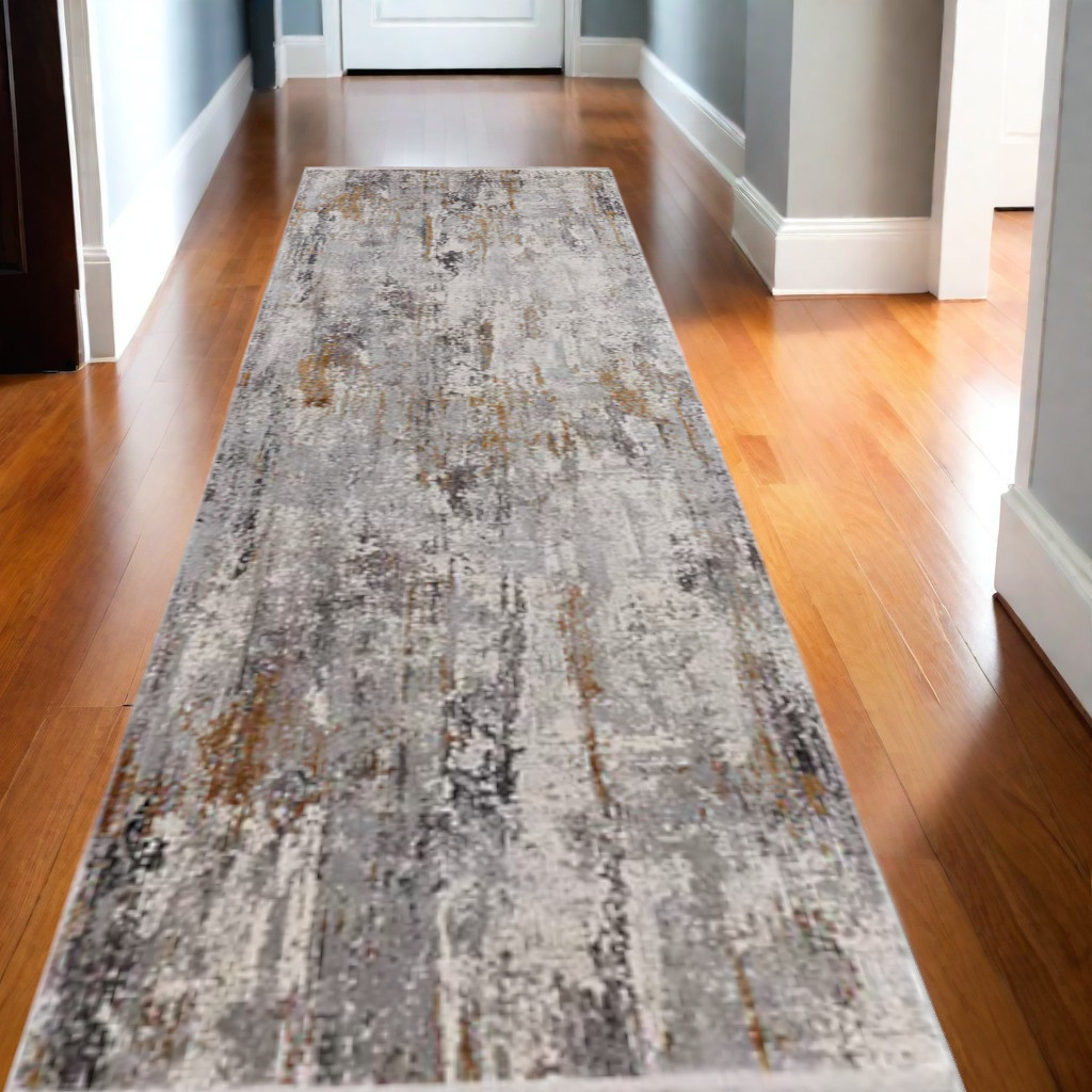 10" Gray Ivory and Gold Abstract Power Loom Runner Rug With Fringe