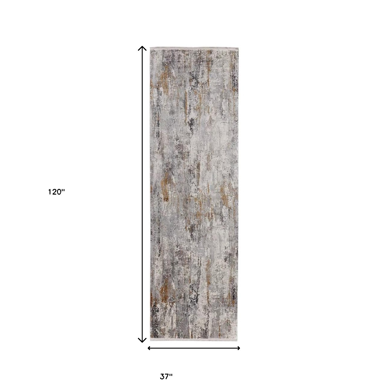10" Gray Ivory and Gold Abstract Power Loom Runner Rug With Fringe