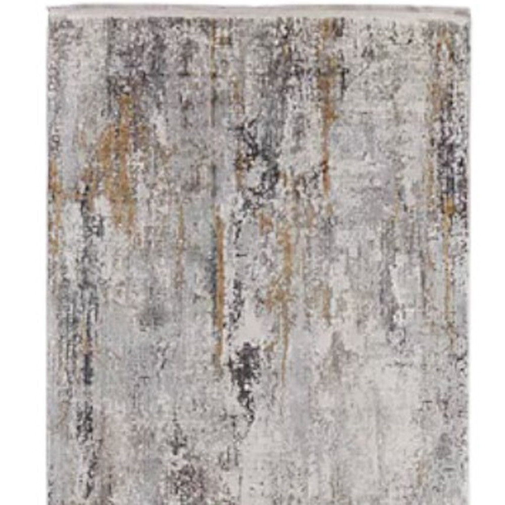 10" Gray Ivory and Gold Abstract Power Loom Runner Rug With Fringe