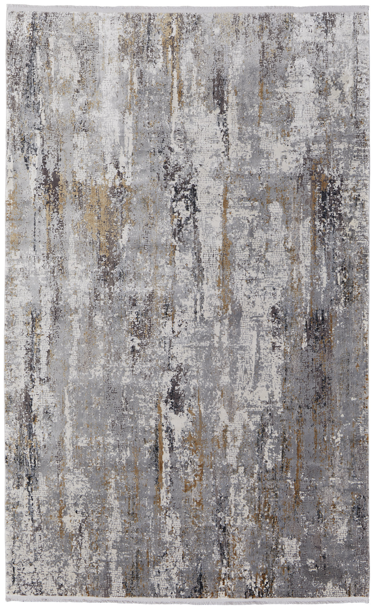 2" X 3" Gray Ivory and Gold Abstract Power Loom Area Rug With Fringe