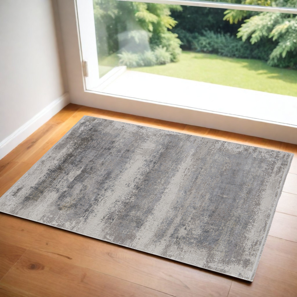 3" X 5" Gray Abstract Power Loom Area Rug With Fringe
