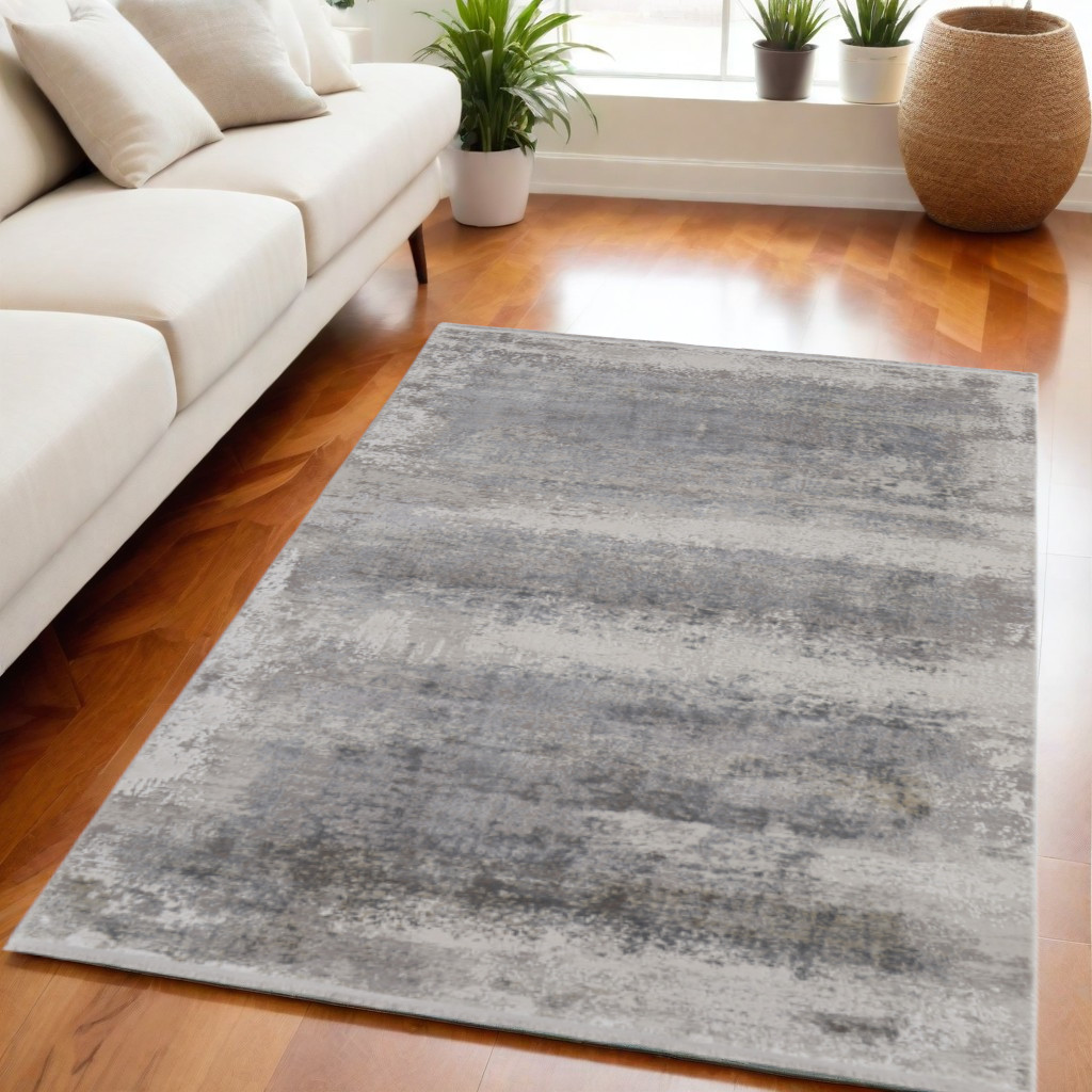 5" X 8" Gray Abstract Power Loom Area Rug With Fringe