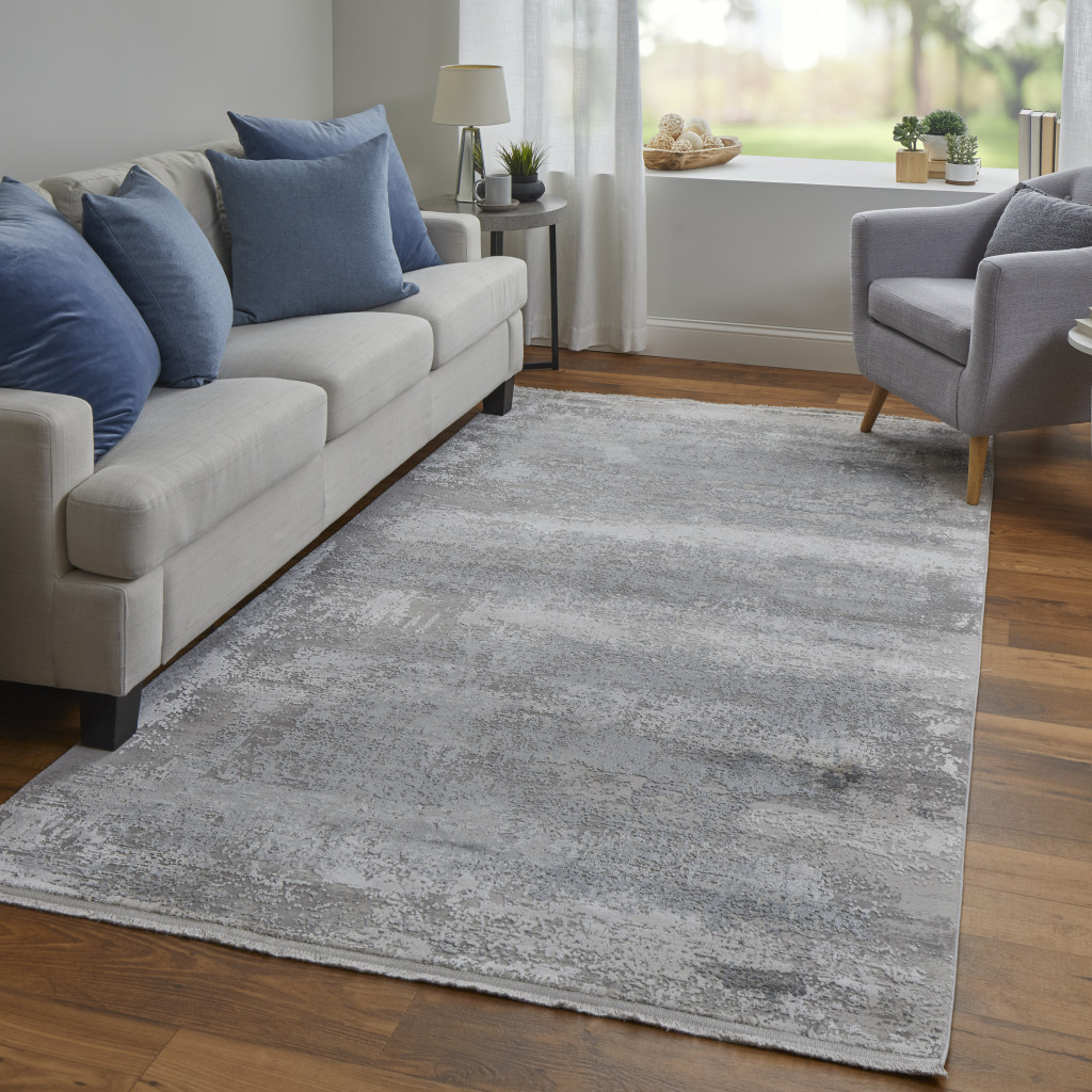 8" X 11" Gray Abstract Power Loom Area Rug With Fringe