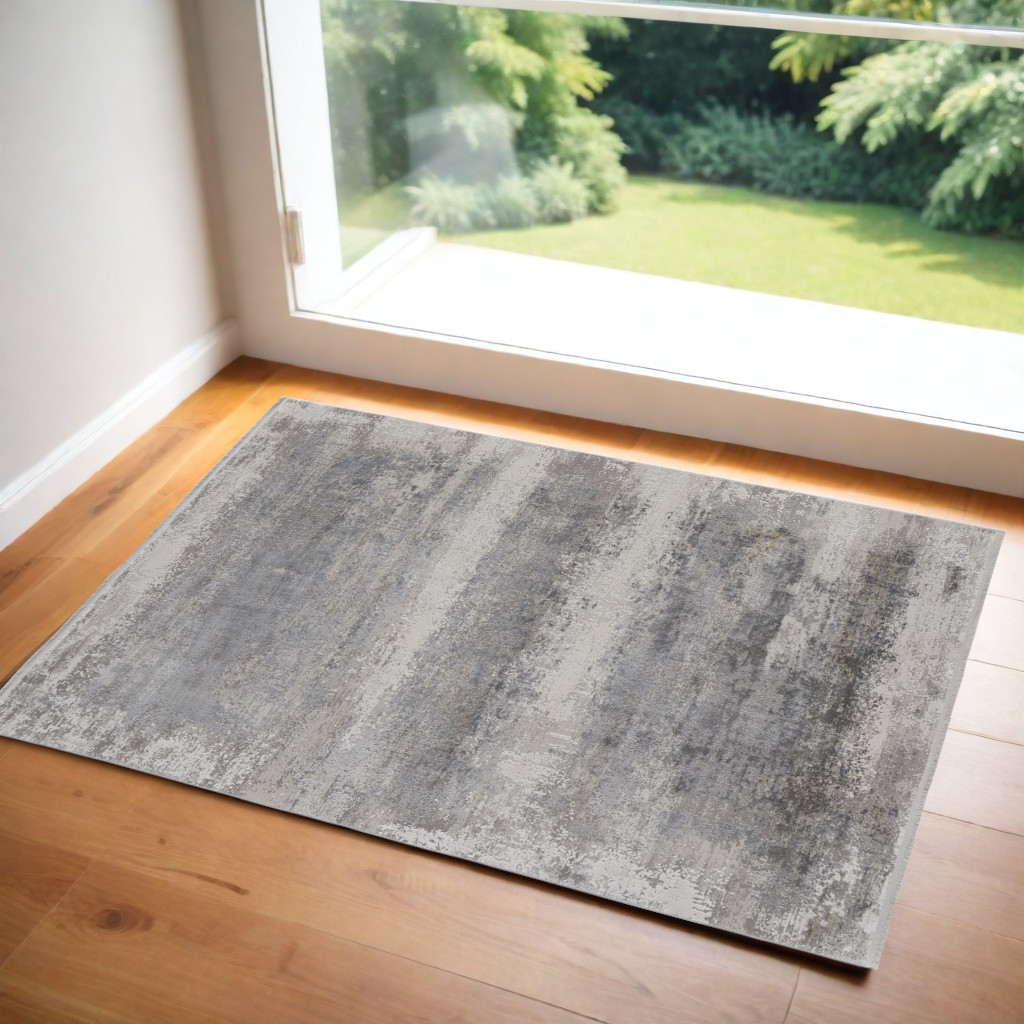2" X 3" Gray Abstract Power Loom Area Rug With Fringe