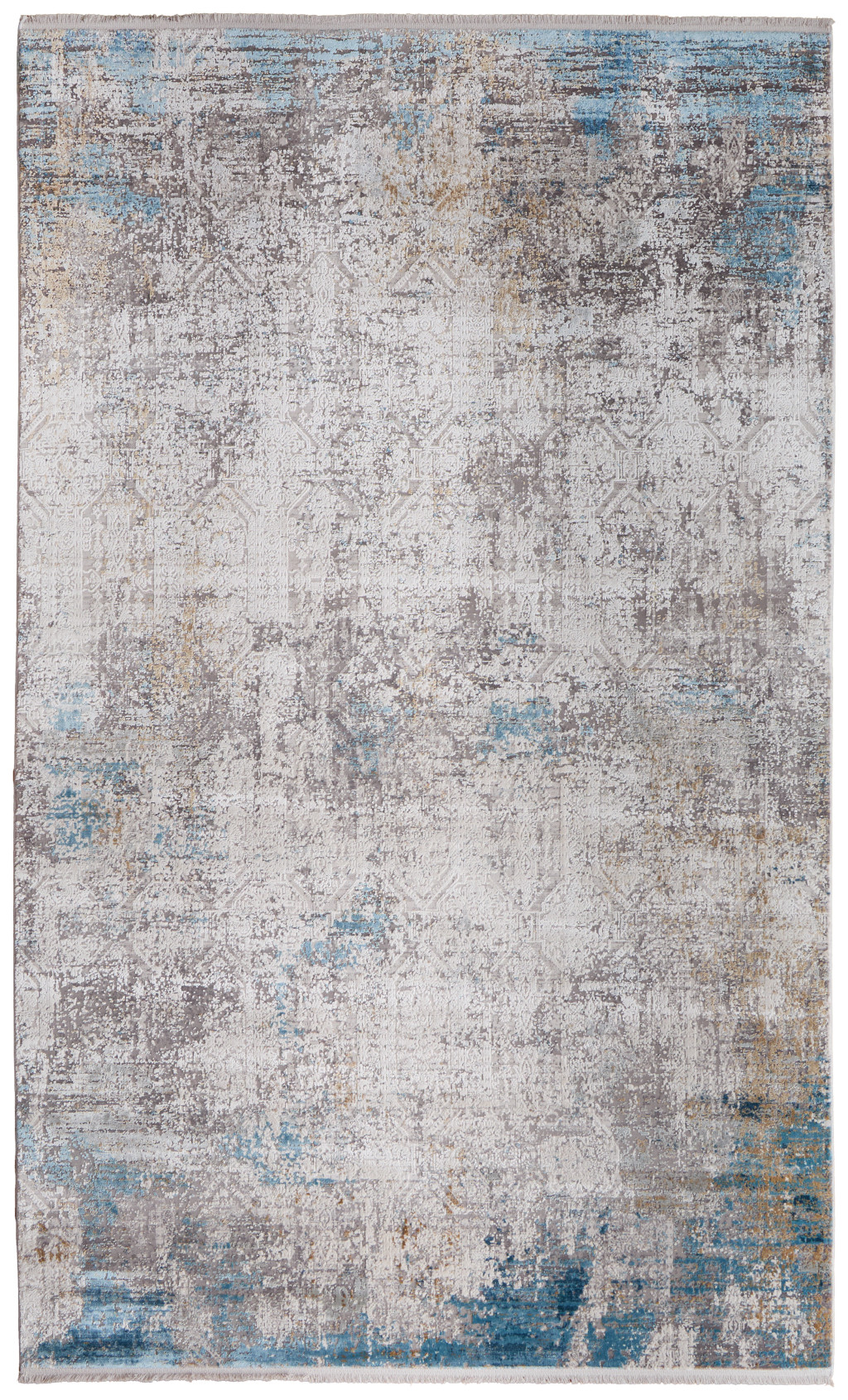 7" X 10" Ivory Gray and Blue Abstract Power Loom Area Rug With Fringe