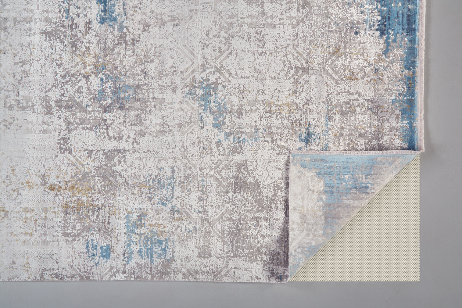 8" X 11" Ivory Gray and Blue Abstract Power Loom Area Rug With Fringe