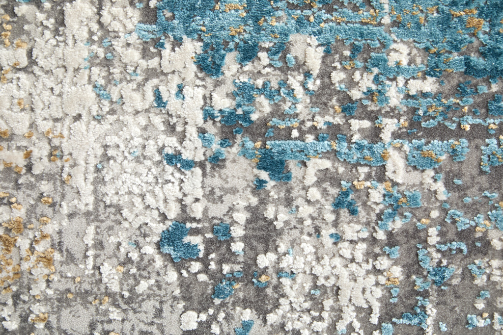 8" X 11" Ivory Gray and Blue Abstract Power Loom Area Rug With Fringe