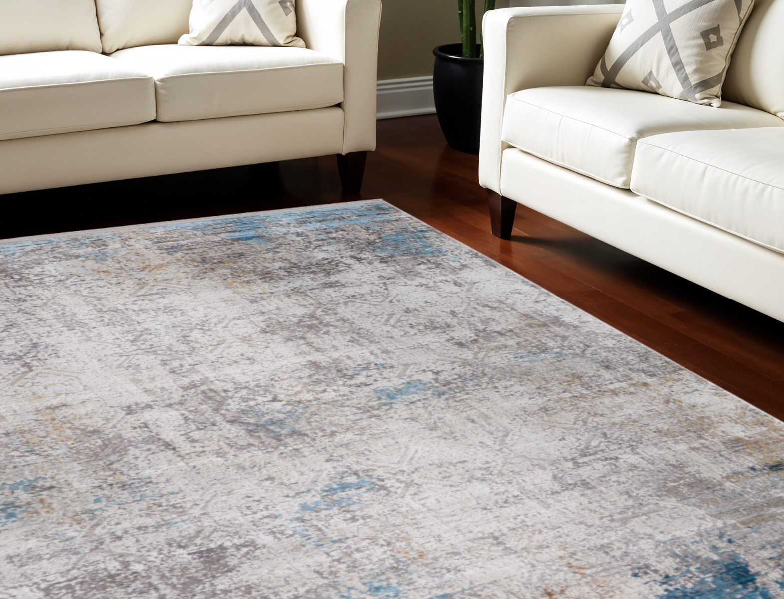8" X 11" Ivory Gray and Blue Abstract Power Loom Area Rug With Fringe
