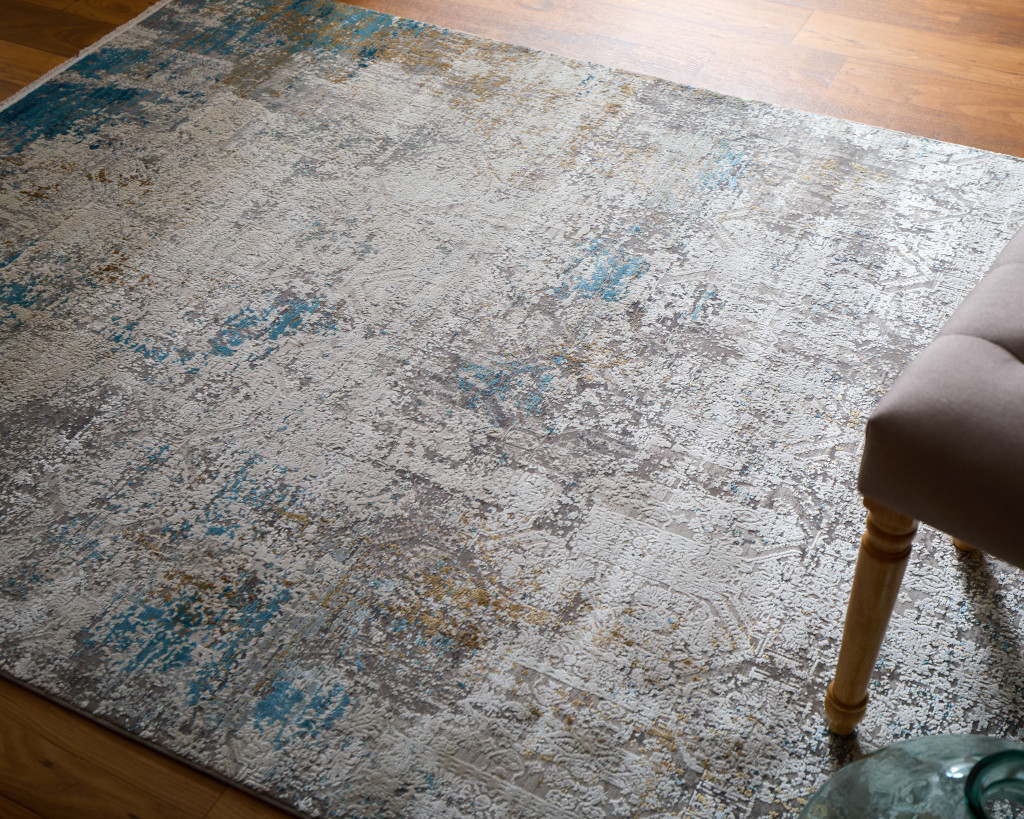 8" X 11" Ivory Gray and Blue Abstract Power Loom Area Rug With Fringe