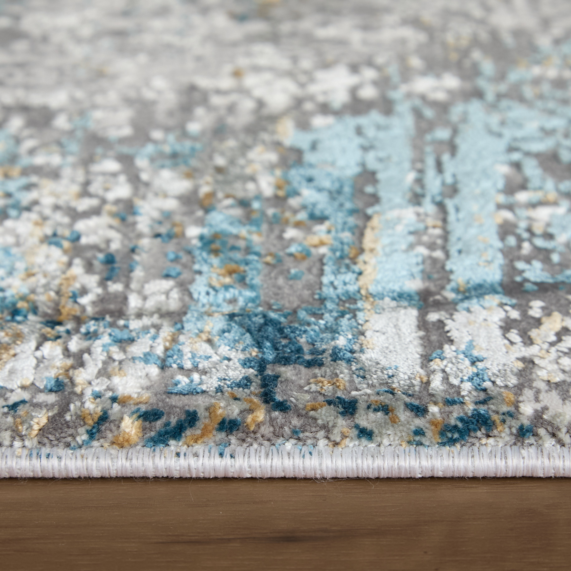 8" X 11" Ivory Gray and Blue Abstract Power Loom Area Rug With Fringe