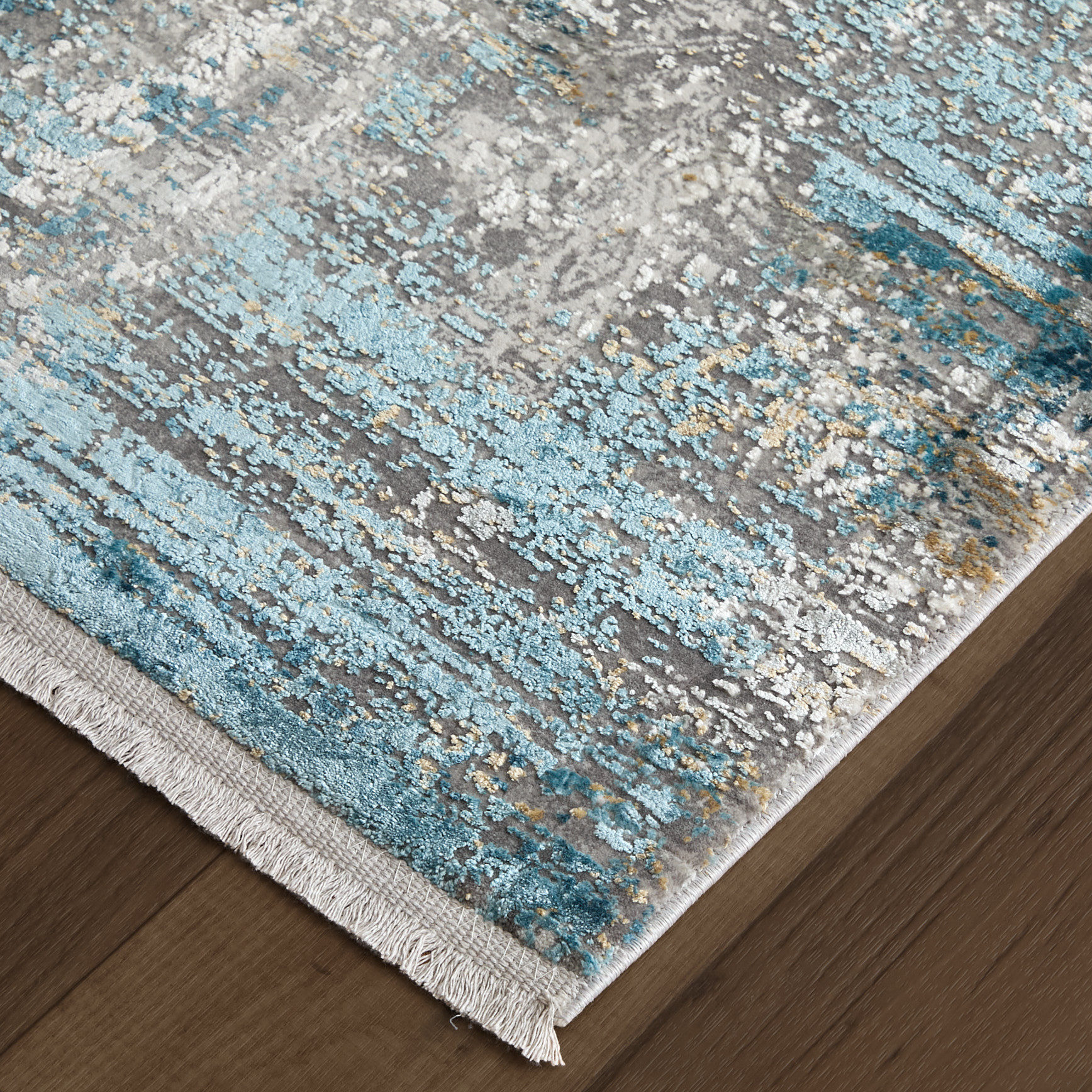 10" Ivory Gray and Blue Abstract Power Loom Runner Rug With Fringe