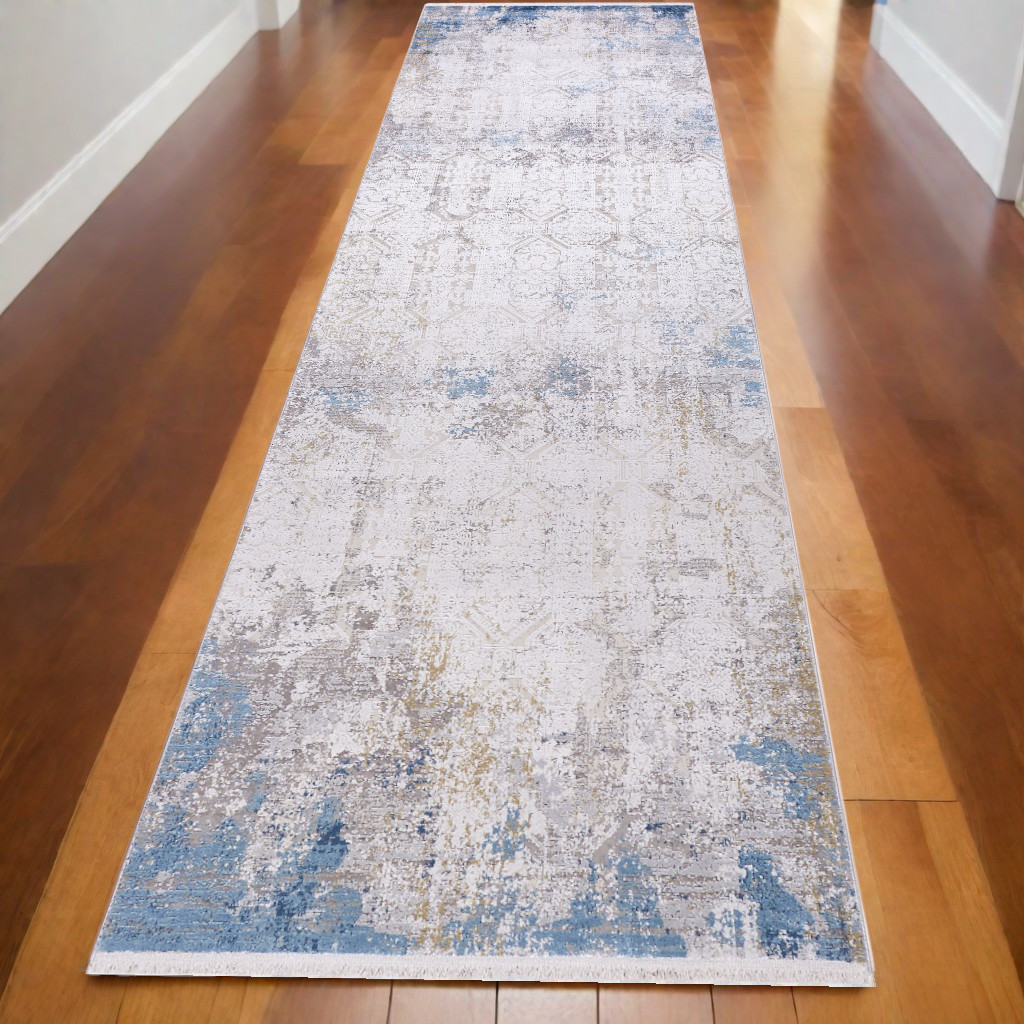 10" Ivory Gray and Blue Abstract Power Loom Runner Rug With Fringe