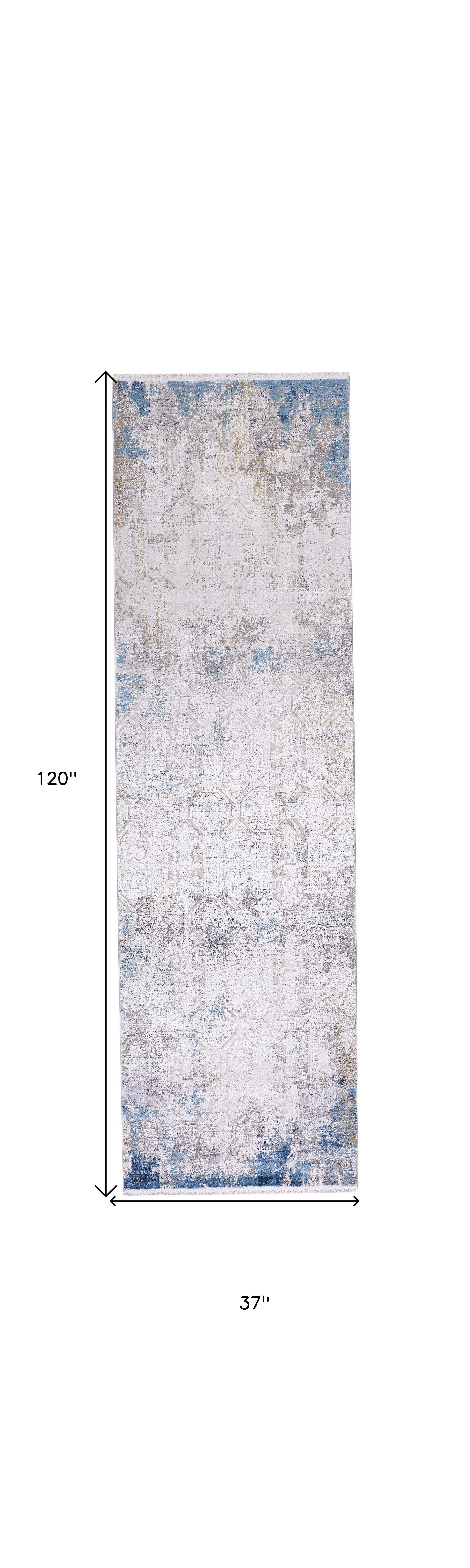 10" Ivory Gray and Blue Abstract Power Loom Runner Rug With Fringe