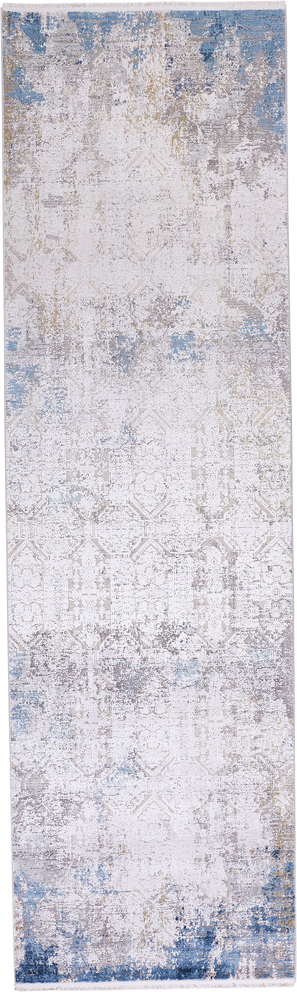 10" Ivory Gray and Blue Abstract Power Loom Runner Rug With Fringe