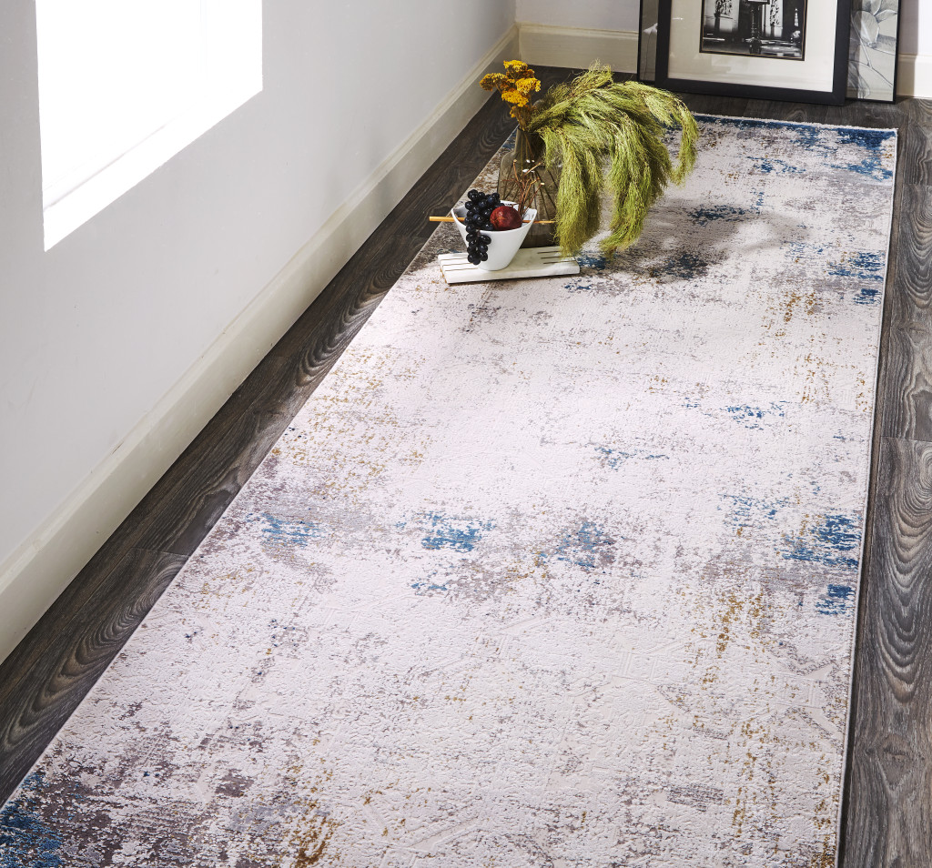 10" Ivory Gray and Blue Abstract Power Loom Runner Rug With Fringe