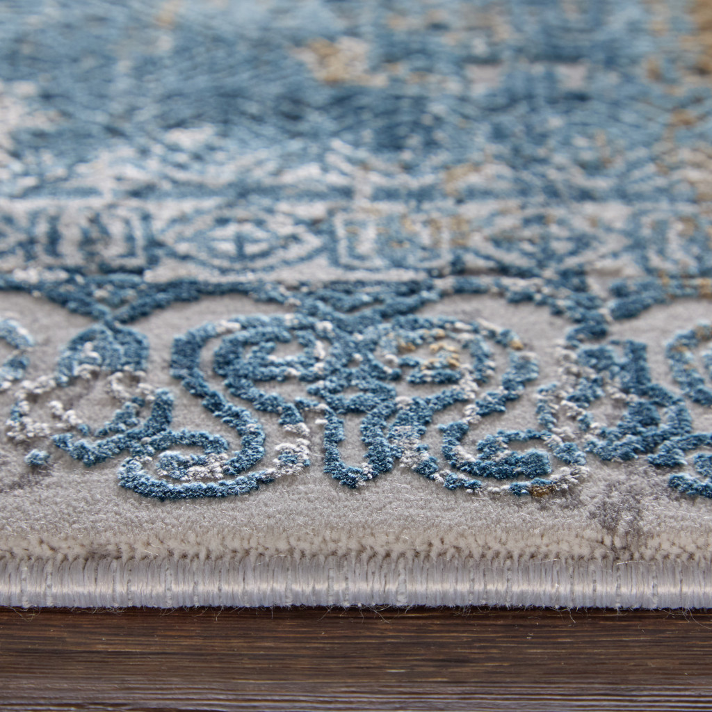 5" X 8" Blue Gold and Gray Abstract Power Loom Area Rug With Fringe