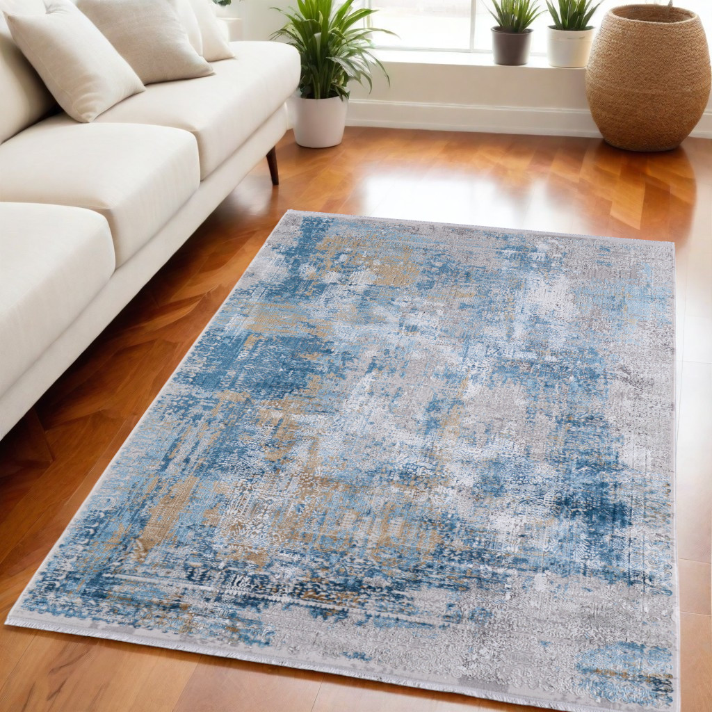5" X 8" Blue Gold and Gray Abstract Power Loom Area Rug With Fringe