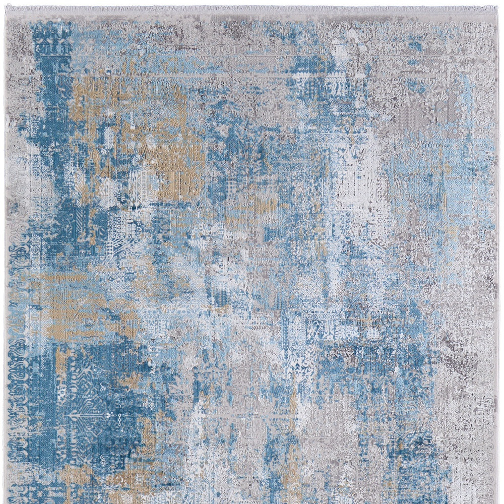 5" X 8" Blue Gold and Gray Abstract Power Loom Area Rug With Fringe