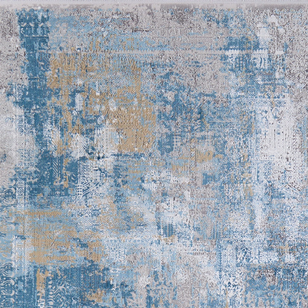 5" X 8" Blue Gold and Gray Abstract Power Loom Area Rug With Fringe