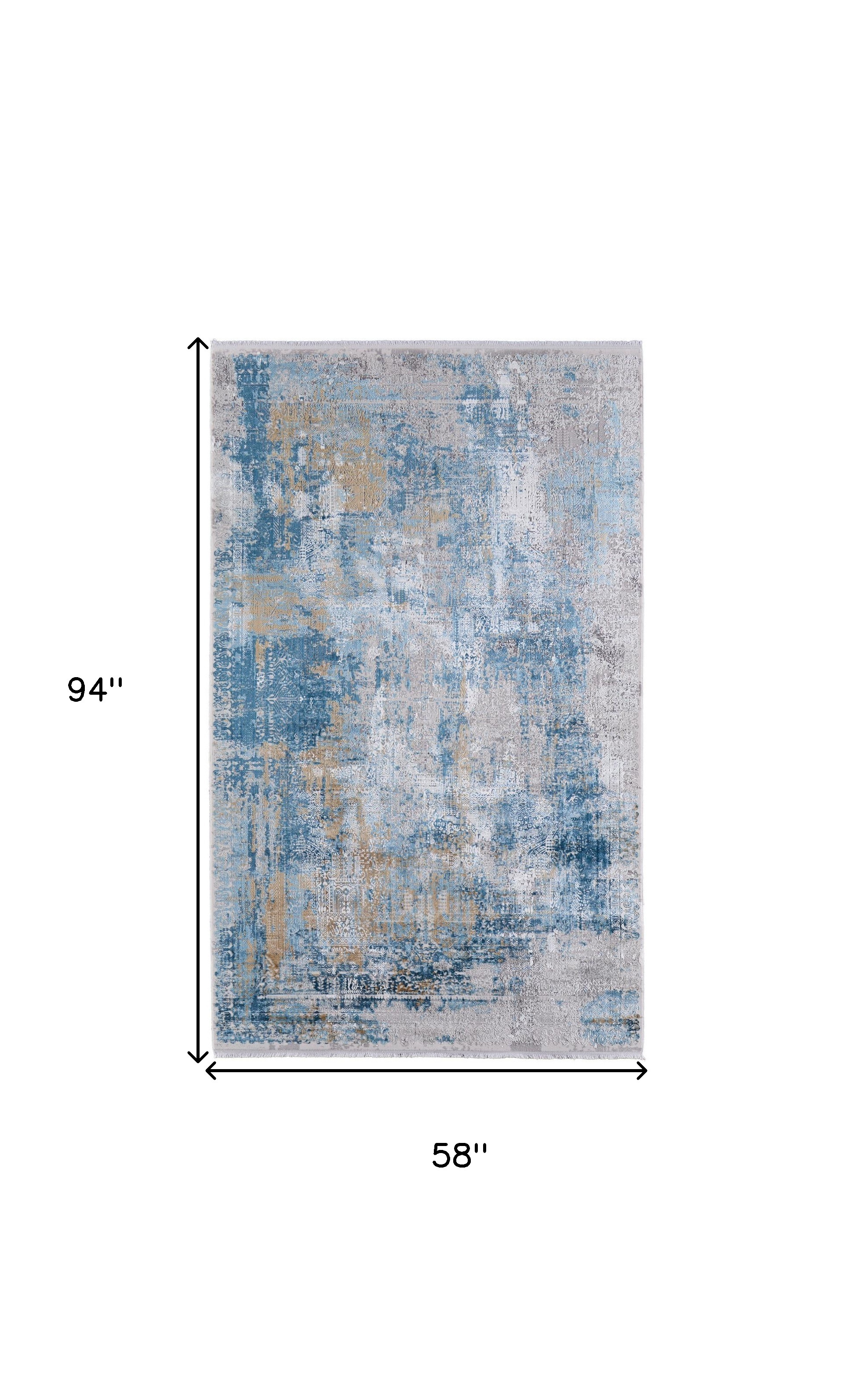5" X 8" Blue Gold and Gray Abstract Power Loom Area Rug With Fringe