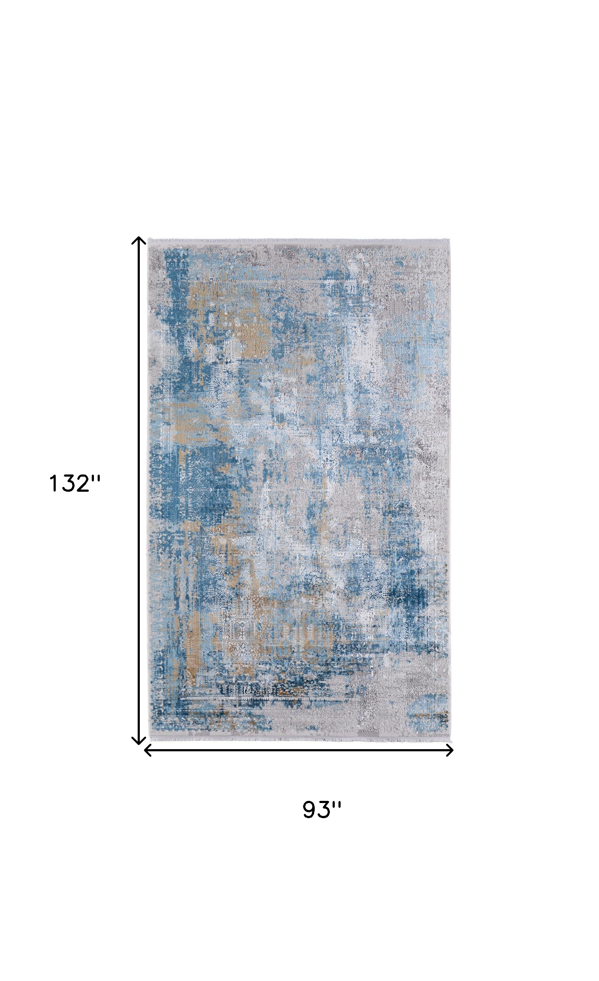 8" X 11" Blue Gold and Gray Abstract Power Loom Area Rug With Fringe