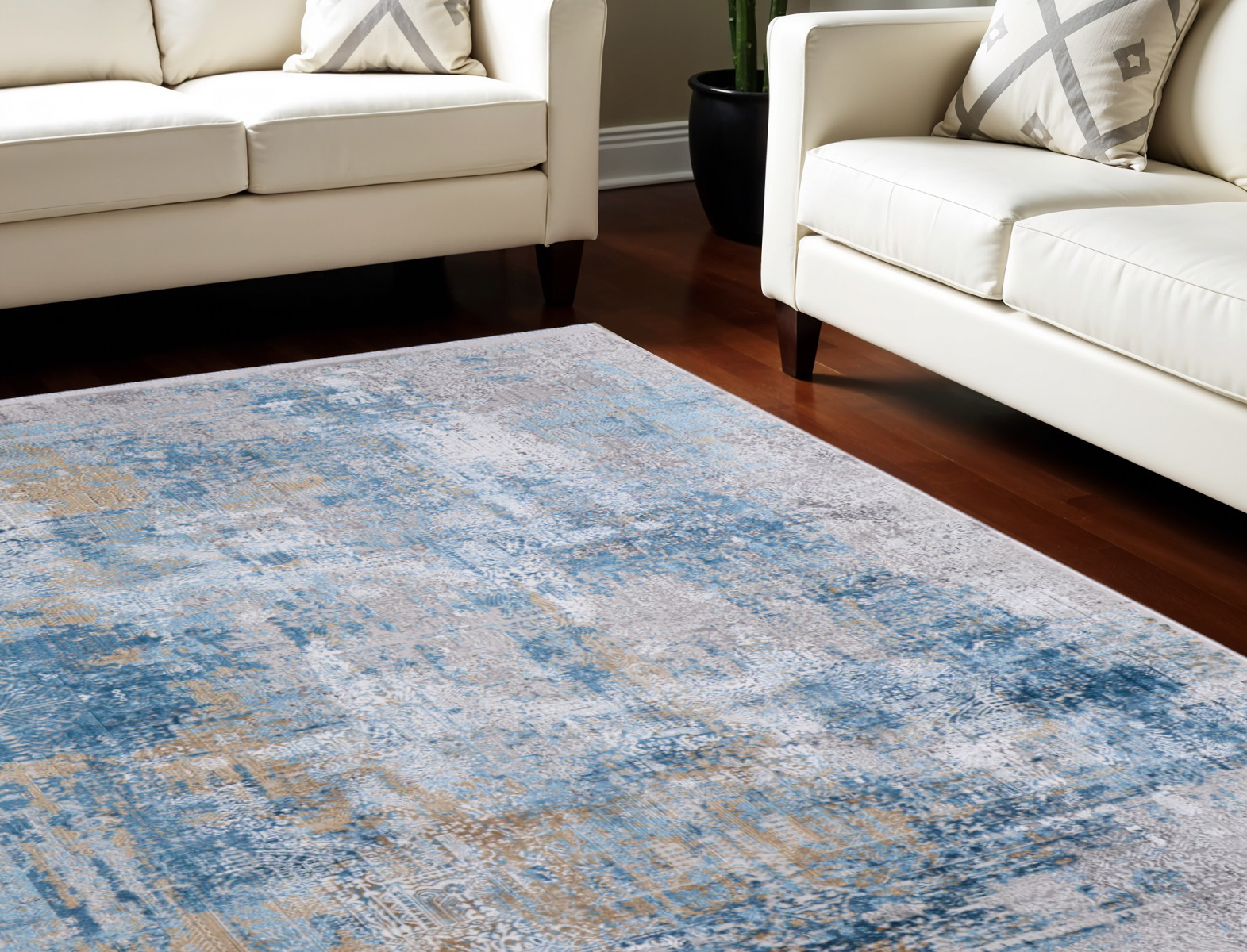 10" X 13" Blue Gold and Gray Abstract Power Loom Area Rug With Fringe