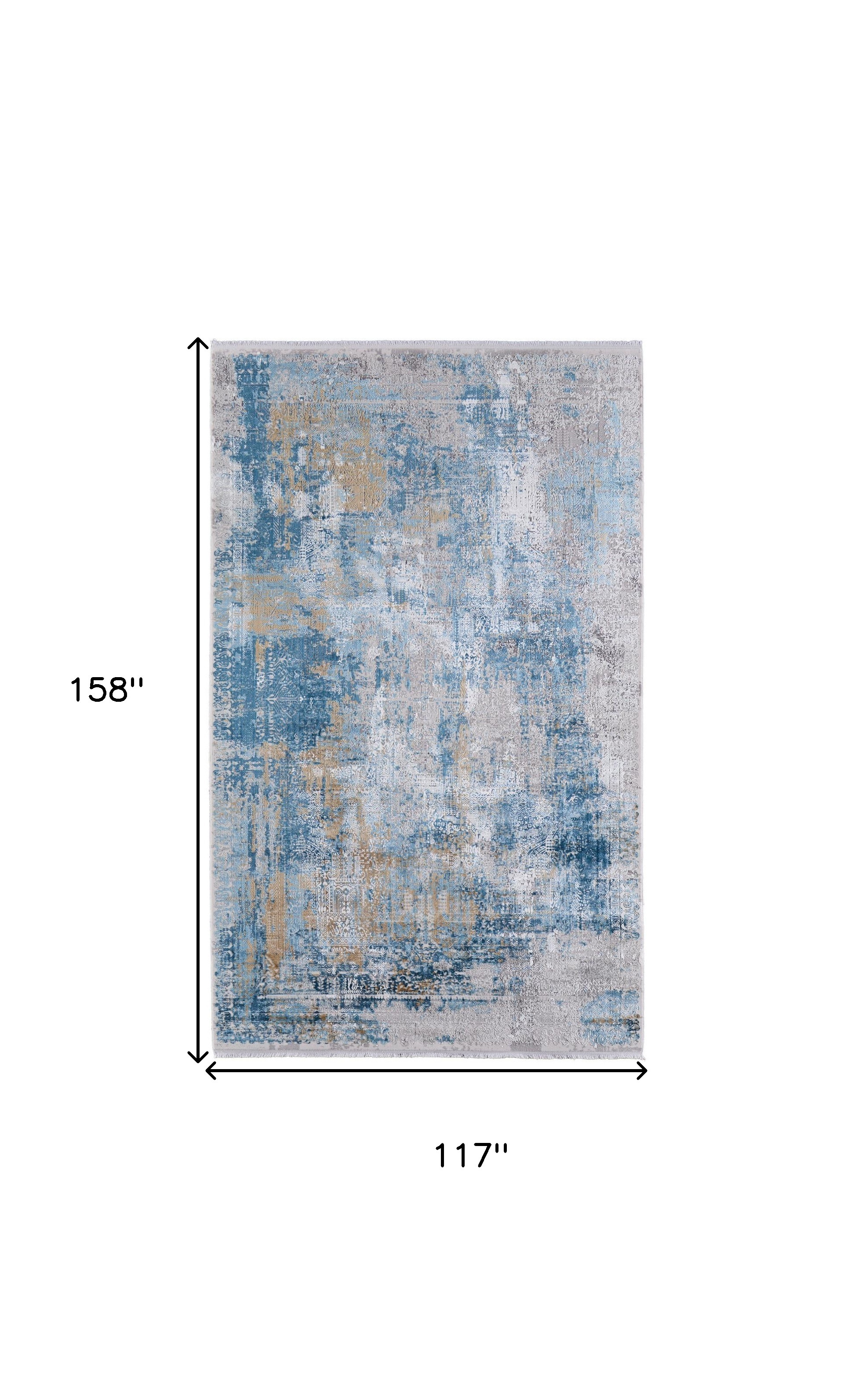 10" X 13" Blue Gold and Gray Abstract Power Loom Area Rug With Fringe
