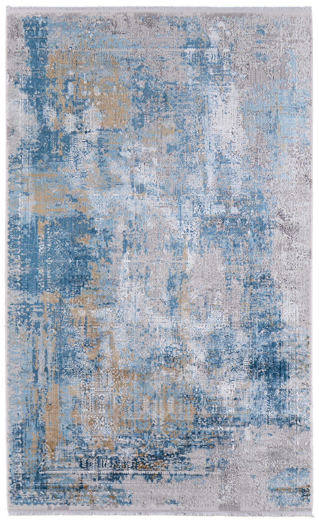 10" X 13" Blue Gold and Gray Abstract Power Loom Area Rug With Fringe