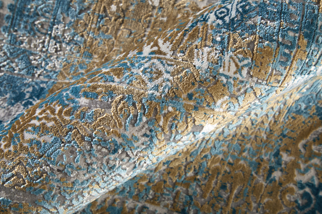 10" Blue Gold and Gray Abstract Power Loom Runner Rug With Fringe