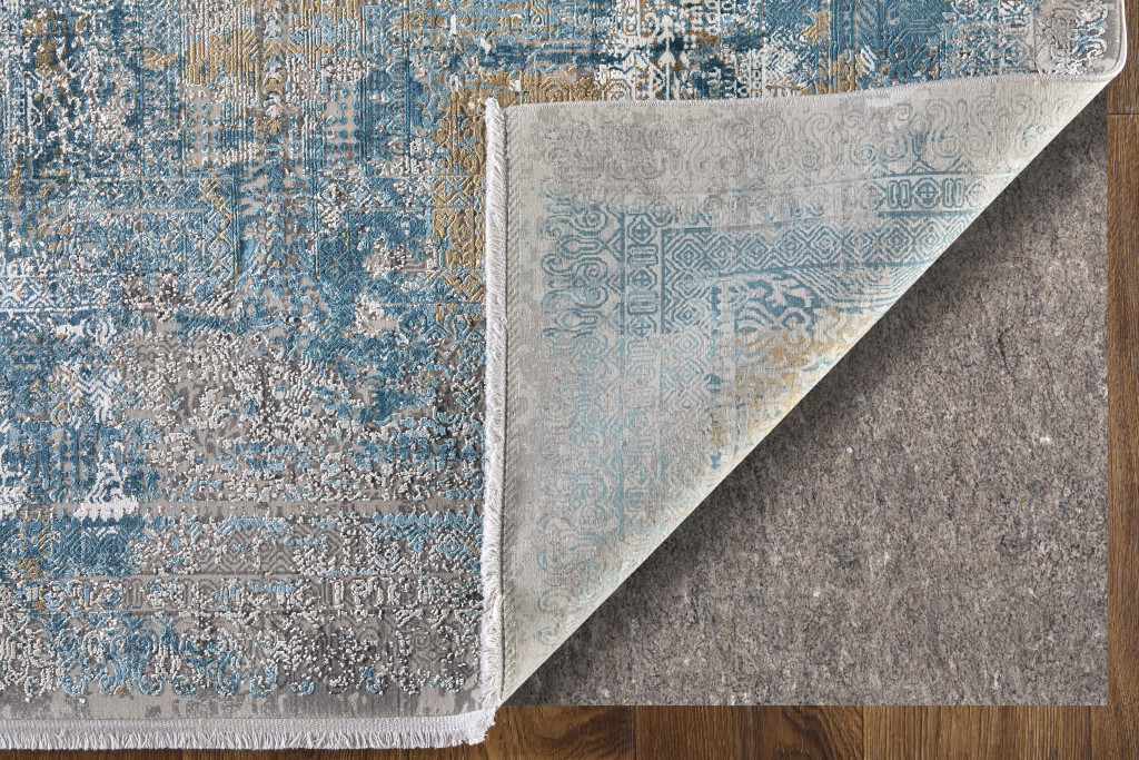 10" Blue Gold and Gray Abstract Power Loom Runner Rug With Fringe