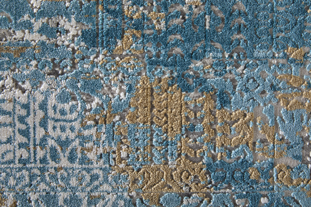 10" Blue Gold and Gray Abstract Power Loom Runner Rug With Fringe