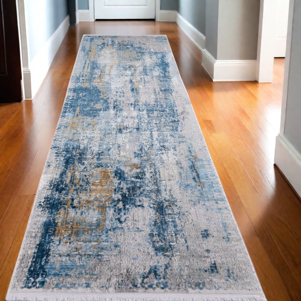 10" Blue Gold and Gray Abstract Power Loom Runner Rug With Fringe