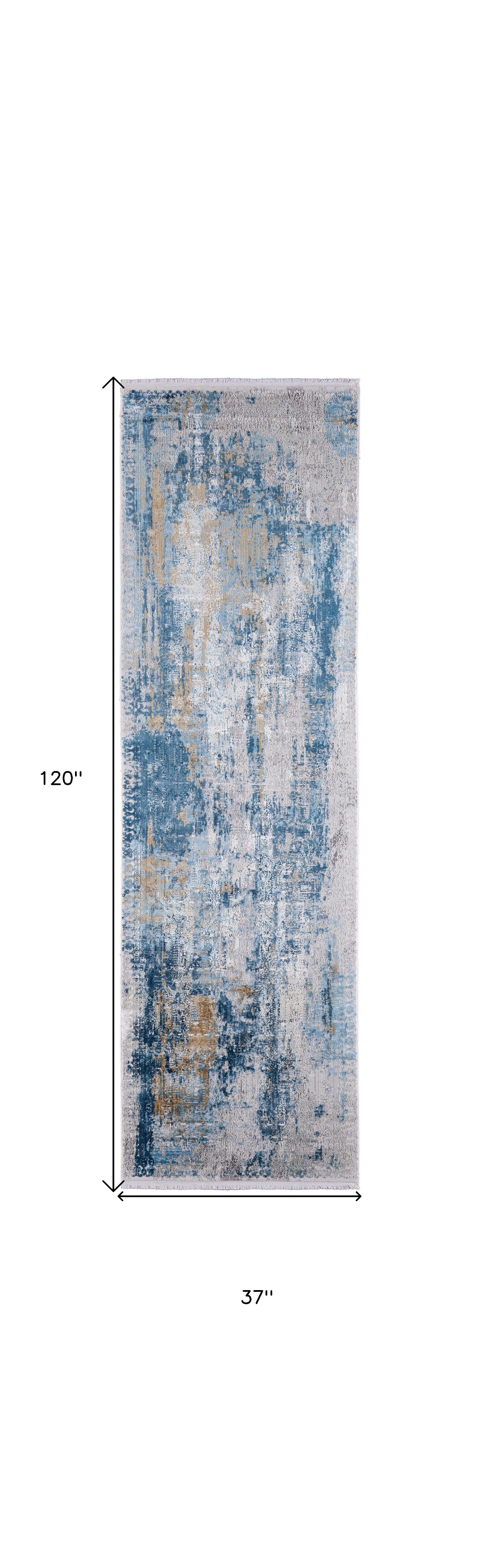 10" Blue Gold and Gray Abstract Power Loom Runner Rug With Fringe