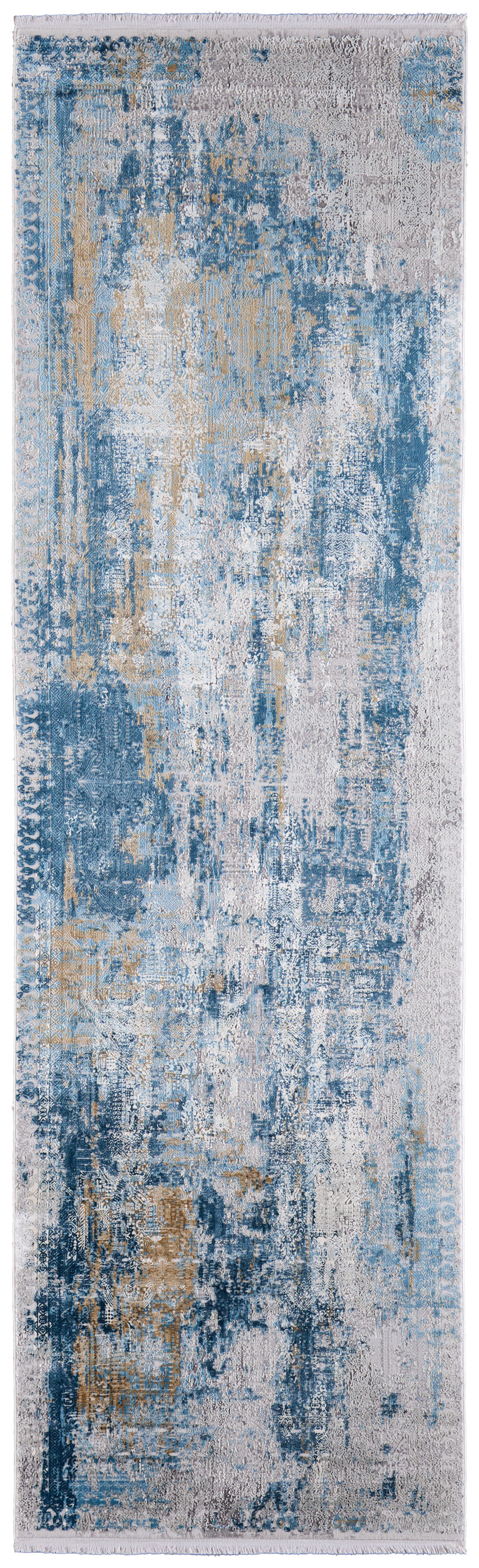 10" Blue Gold and Gray Abstract Power Loom Runner Rug With Fringe