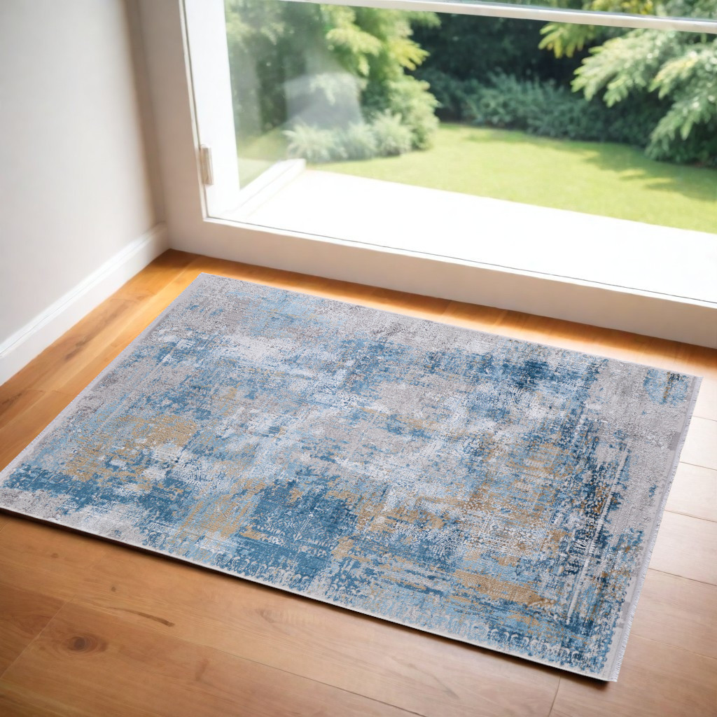 2" X 3" Blue Gold and Gray Abstract Power Loom Area Rug With Fringe