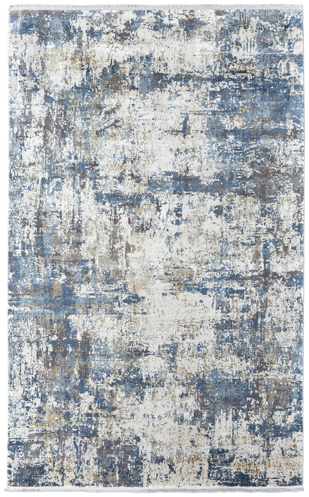3" X 5" Ivory Tan and Blue Abstract Power Loom Area Rug With Fringe