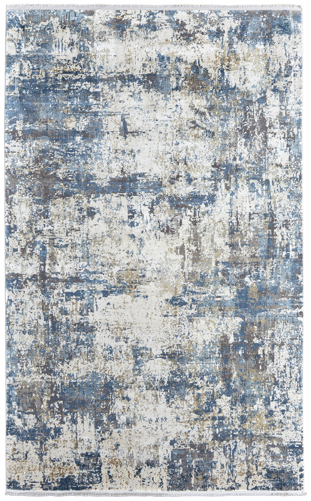 5" X 8" Ivory Tan and Blue Abstract Power Loom Area Rug With Fringe