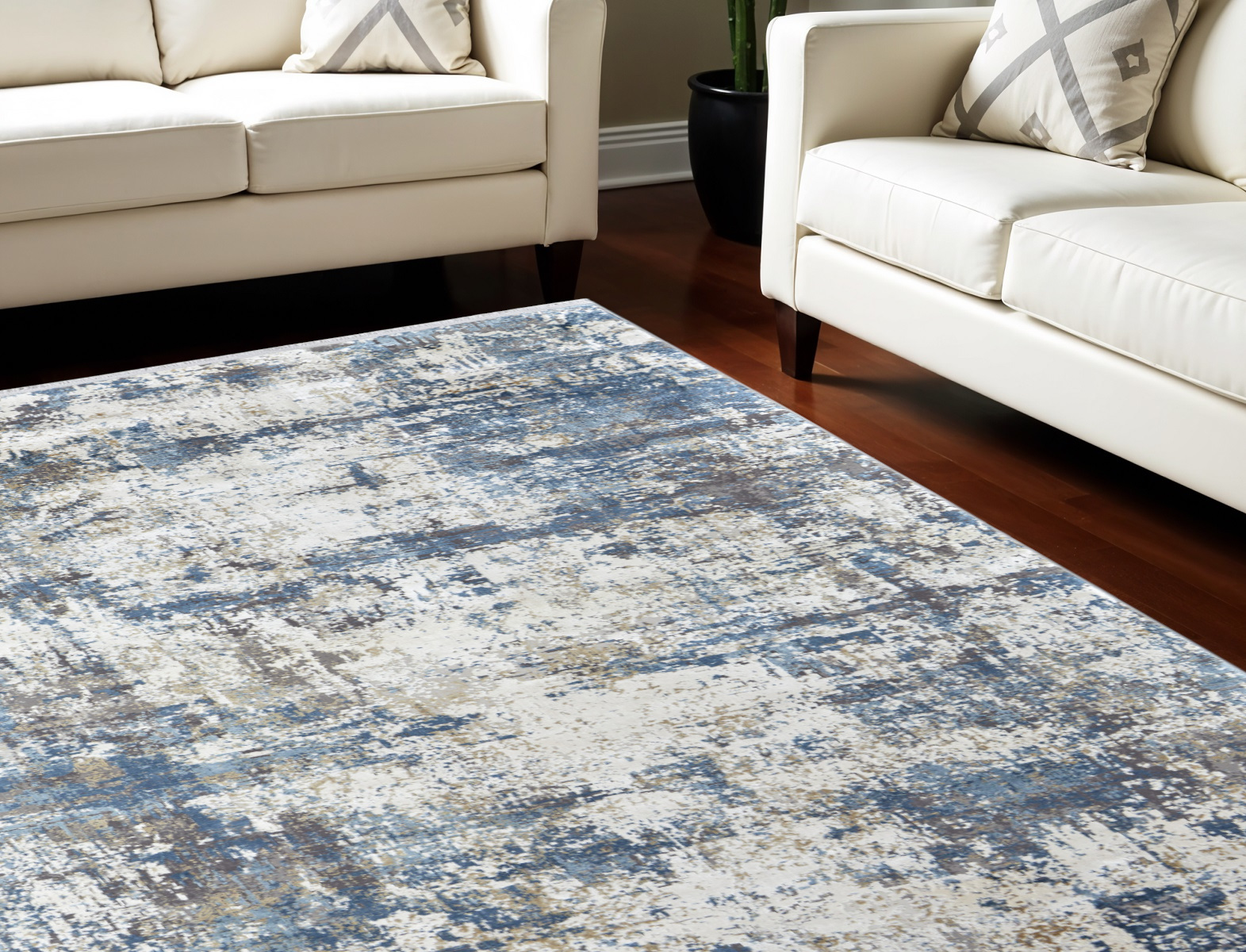 8" X 11" Ivory Tan and Blue Abstract Power Loom Area Rug With Fringe