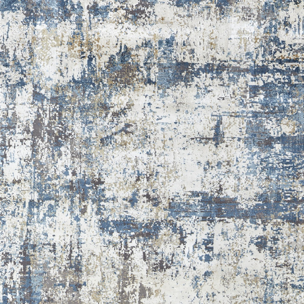 8" X 11" Ivory Tan and Blue Abstract Power Loom Area Rug With Fringe