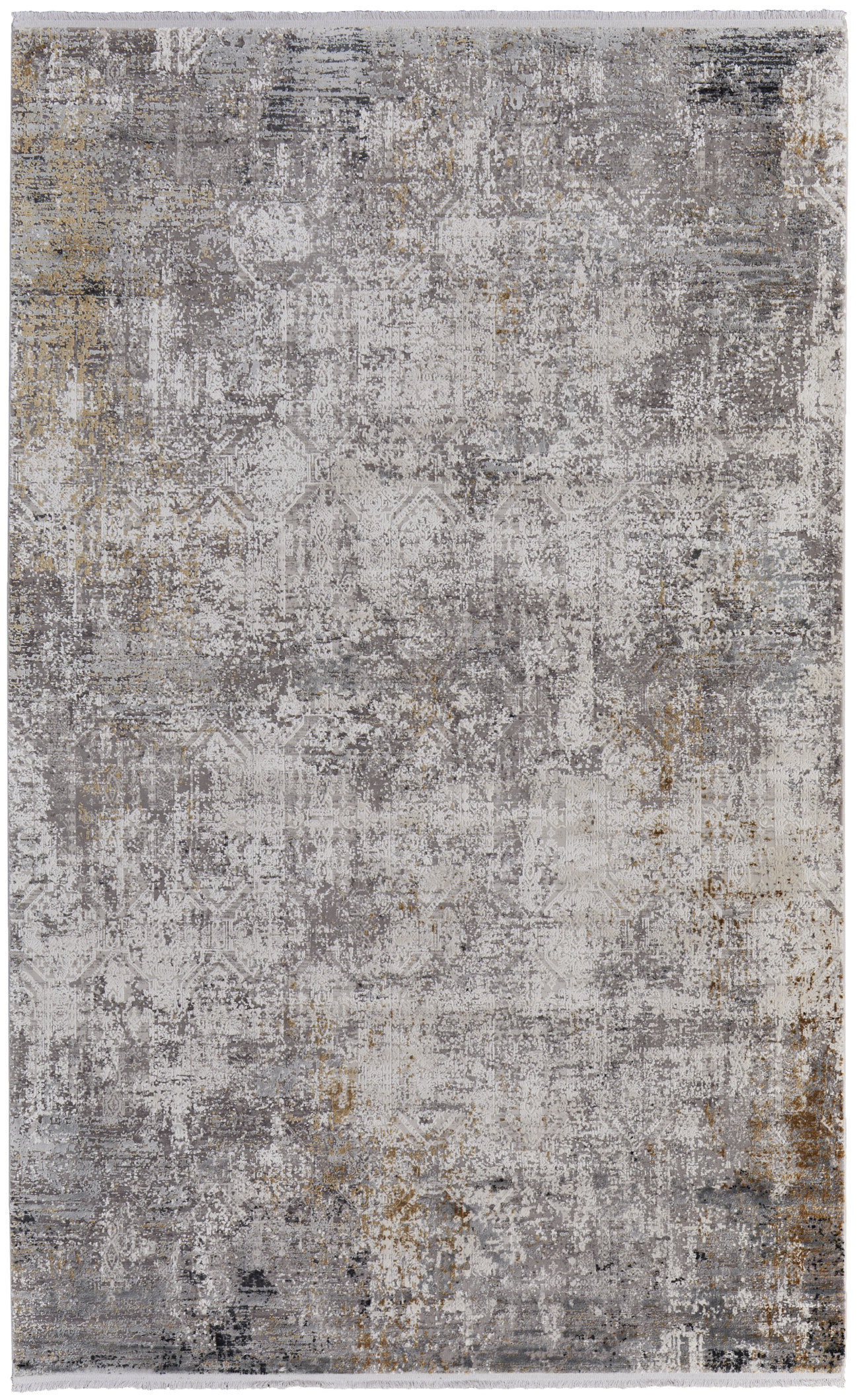 3" X 5" Ivory Taupe and Gray Abstract Power Loom Distressed Area Rug With Fringe