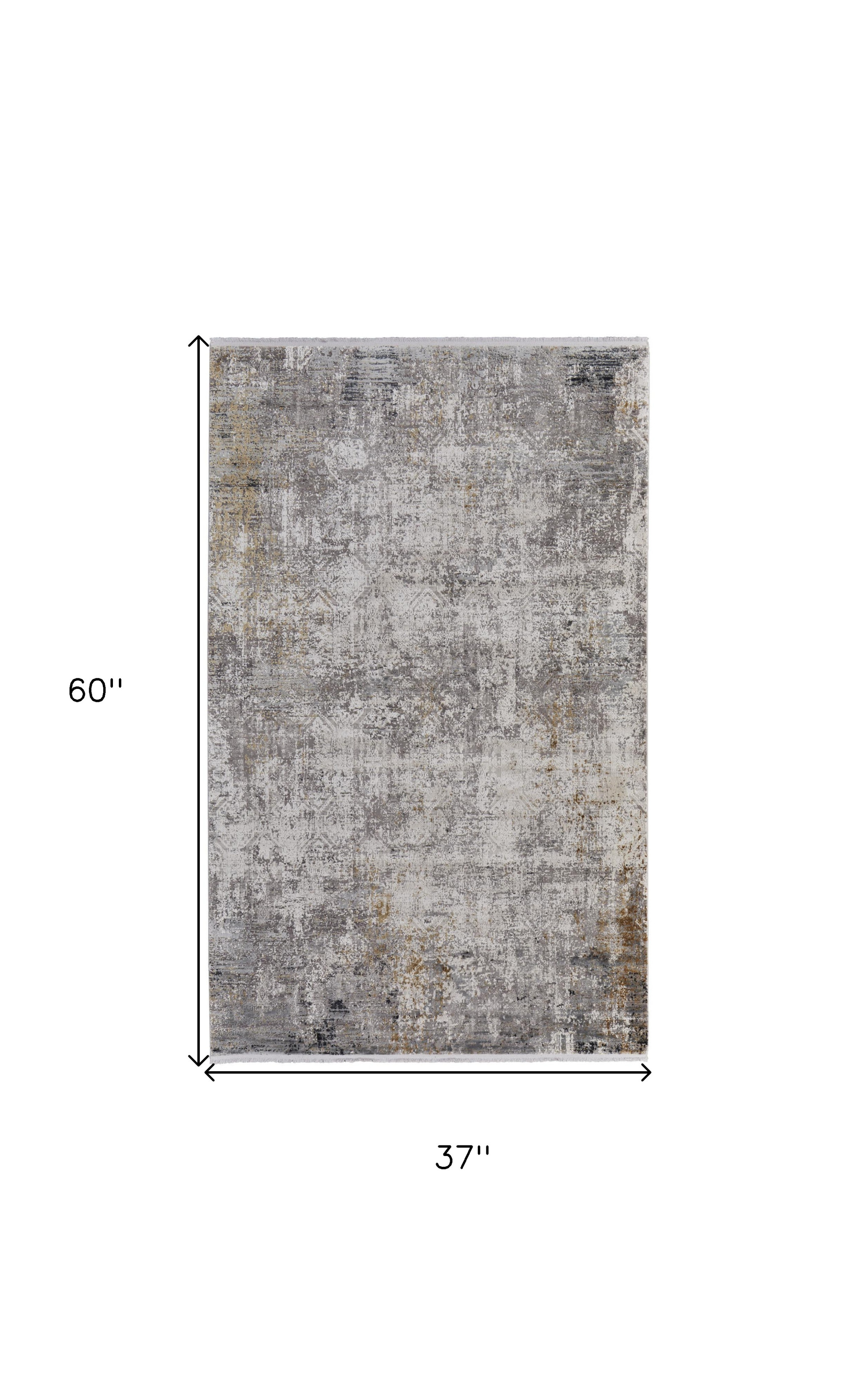 3" X 5" Ivory Taupe and Gray Abstract Power Loom Distressed Area Rug With Fringe