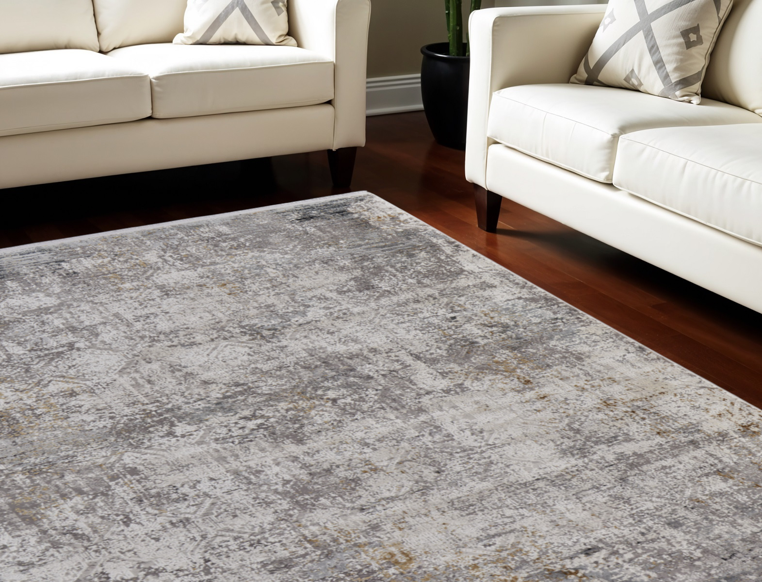 8" X 11" Ivory Taupe and Gray Abstract Power Loom Distressed Area Rug With Fringe