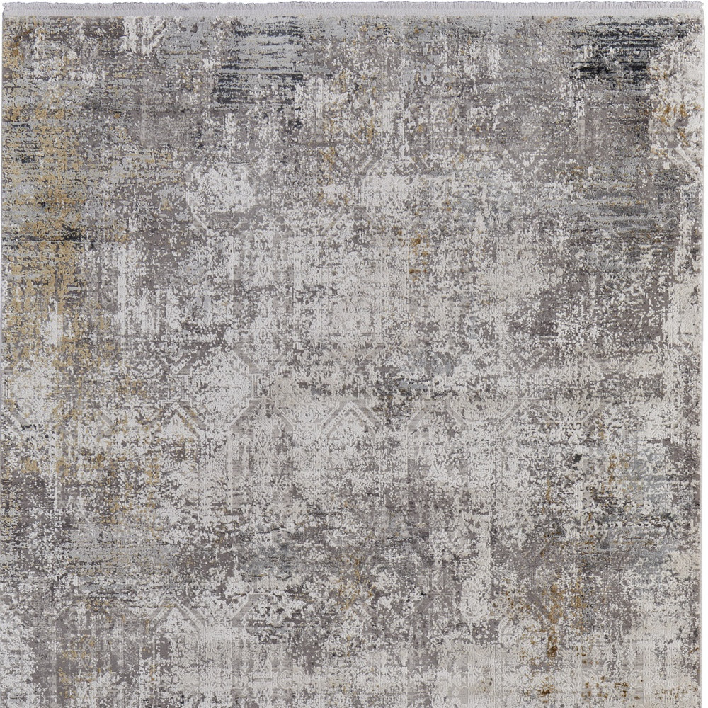 8" X 11" Ivory Taupe and Gray Abstract Power Loom Distressed Area Rug With Fringe