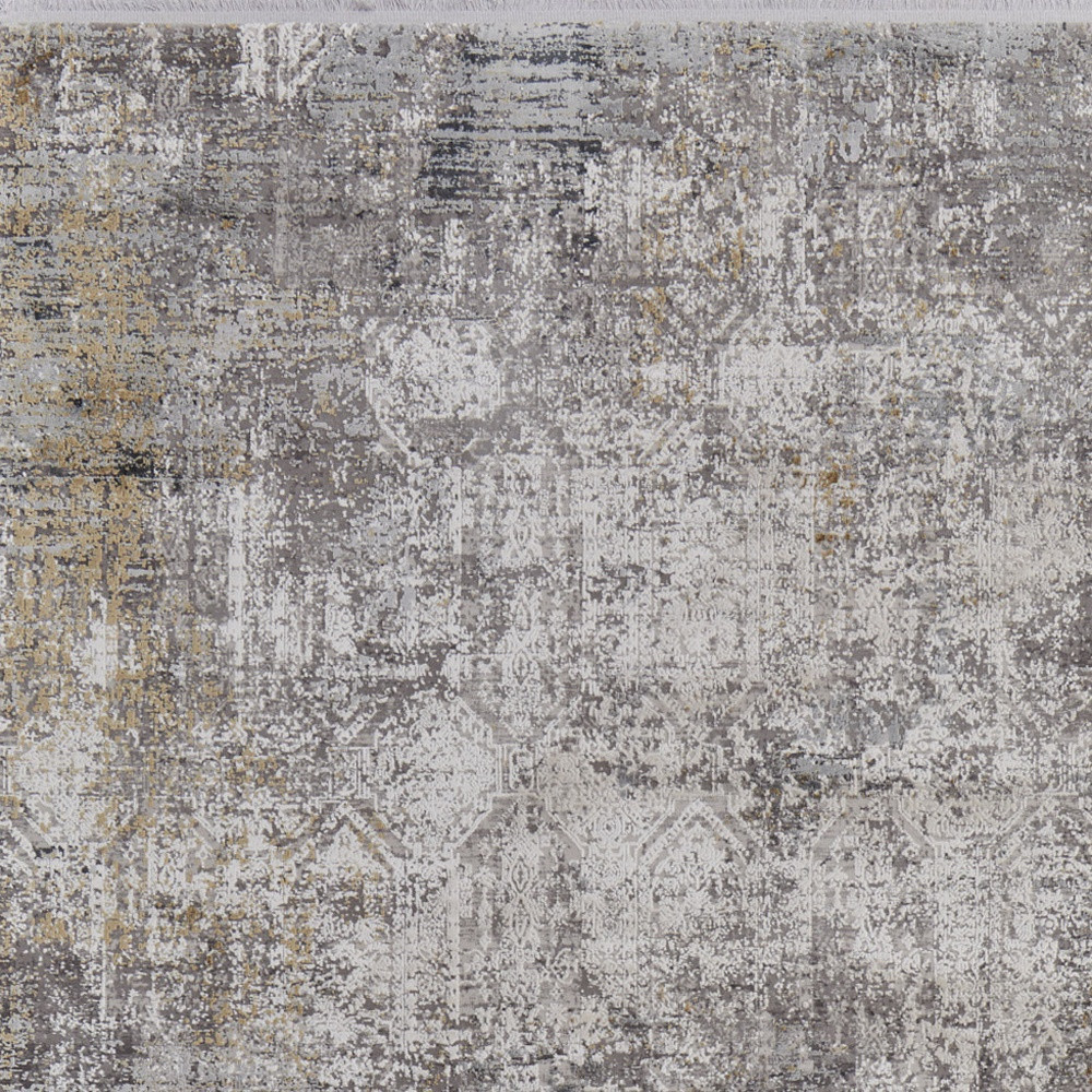 10" X 13" Ivory Taupe and Gray Abstract Power Loom Distressed Area Rug With Fringe