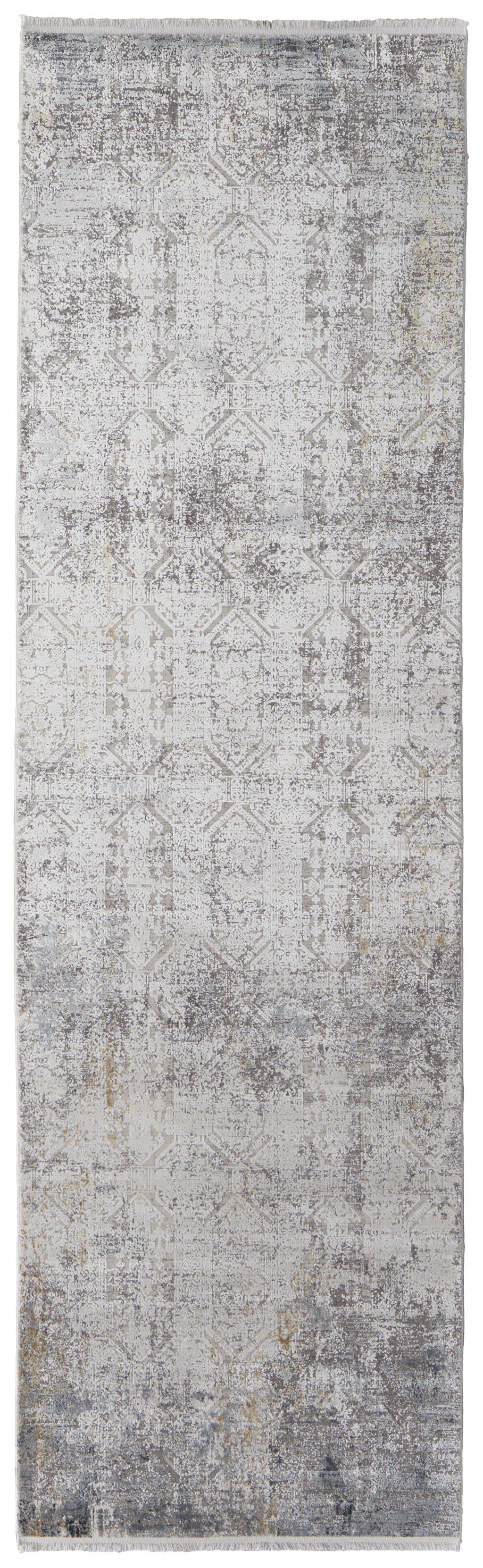10" Ivory Taupe and Gray Abstract Power Loom Distressed Runner Rug With Fringe